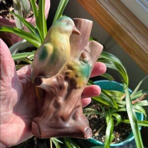 Vtg Czech Bird On Tree Stump Branch Floral Flower Frog Bud Vase Red Dot MCM